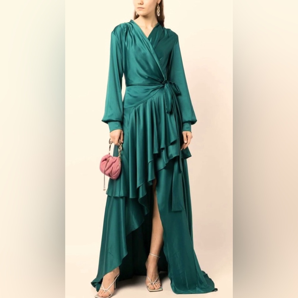 PatBO high low satin dress in Prussian Green.